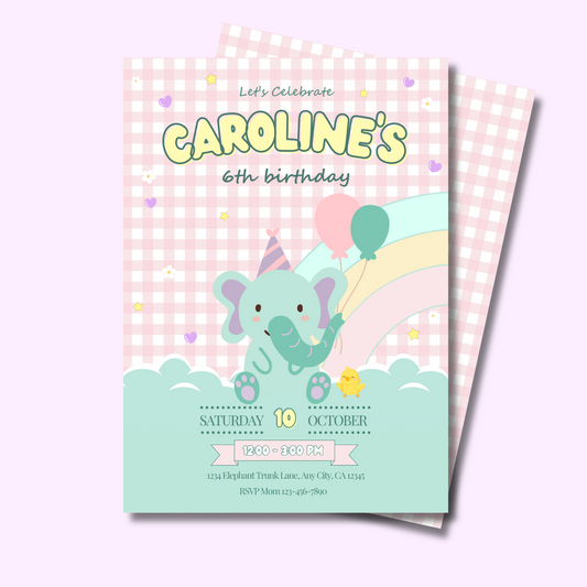 Elephant Birthday Invitation, Kawaii Elephant Party Invite, Editable Elephant Gingham Invitation Template, Kid’s Cute Elephant Birthday, Instant Download