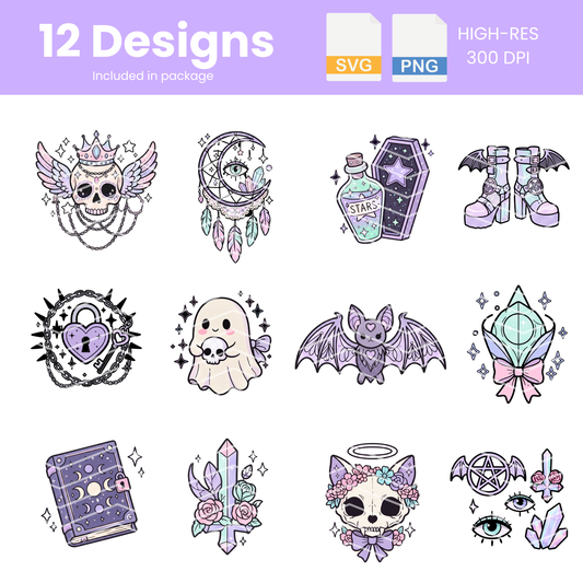 Pastel Goth Clipart Bundle | 12 Kawaii Halloween PNG & SVG Digital Files