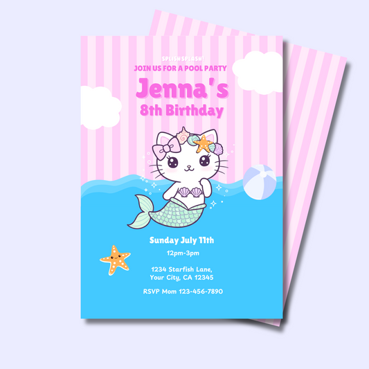 Cat Mermaid Pool Party Invitation, Kawaii Pool Party Invitation, Cute Splish Splash Pool Invite, Instant Download 5x7