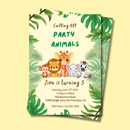 Jungle Animal Birthday Invitation, Editable Safari Party Invite, Wild One Animal Theme Kids Birthday, Party Animals Invite Instant Download