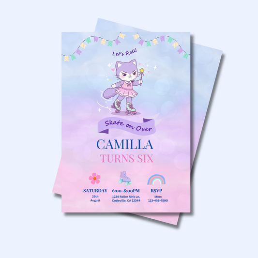 Cat - Let’s Roll! Roller Skating Birthday Invite Editable, Kawaii Party Invitation, Roller Skates Party Invite Printable, 5x7 Hand Drawn