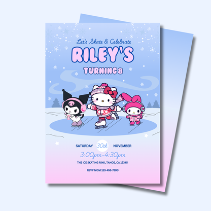 Hello Kitty Ice Skating Birthday Invitation, Editable Template, Instant Download 5x7