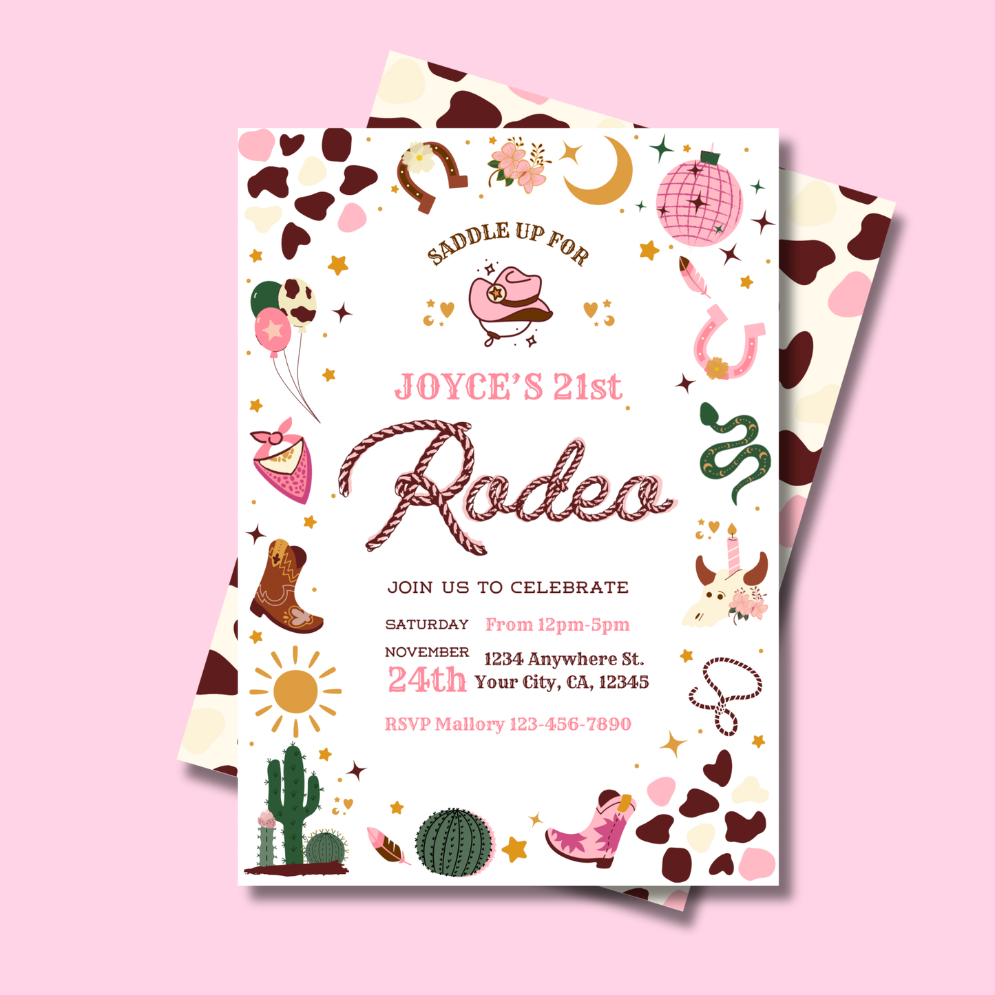 Pink Rodeo Birthday Invitation: Boho Disco Cowgirl Party, Wild Western Themed Invite (Digital Download)