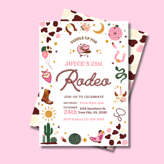 Pink Rodeo Birthday Invitation: Boho Disco Cowgirl Party, Wild Western Themed Invite (Digital Download)