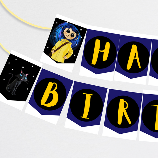 Coraline Happy Birthday Banner Editable, Coraline Bunting, Coraline Jones Party Decor, Happy Birthday Banner Printable