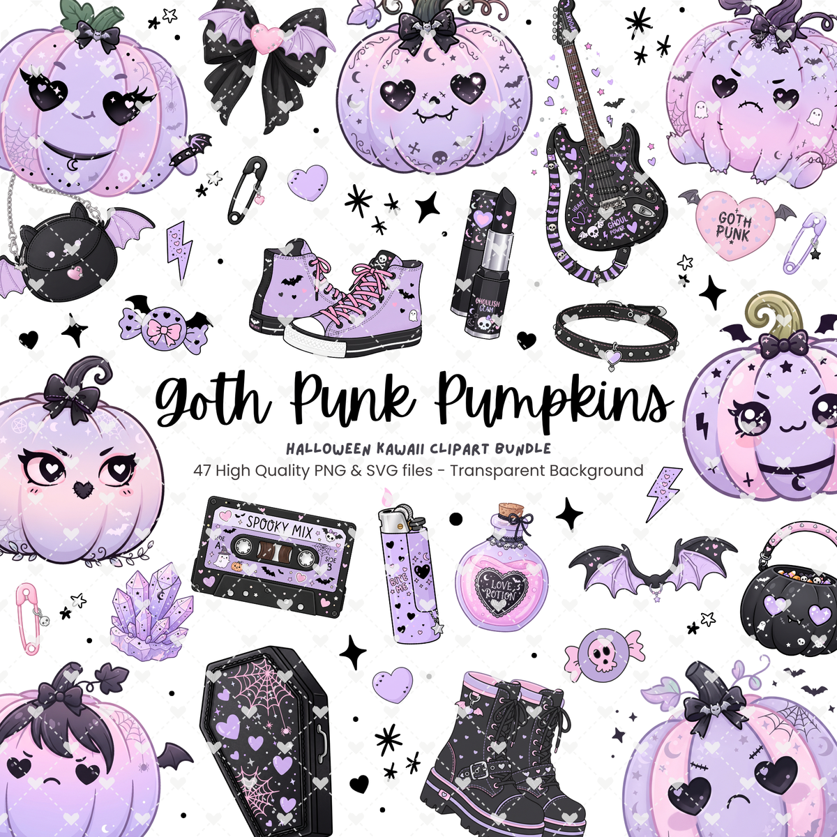Pastel Goth Punk Pumpkin Clipart Bundle | 47 PNG & SVG Designs