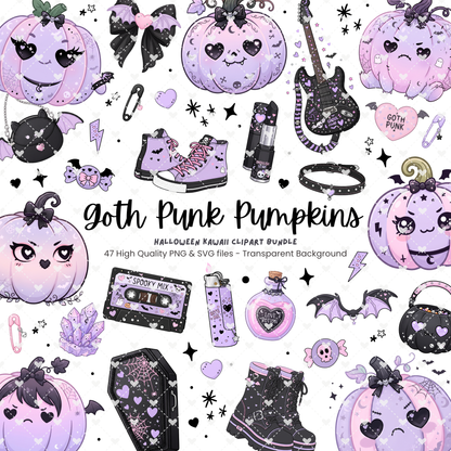 Pastel Goth Punk Pumpkin Clipart Bundle | 47 PNG & SVG Designs