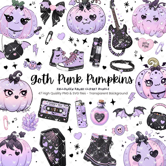 Pastel Goth Punk Pumpkin Clipart Bundle | 47 PNG & SVG Designs