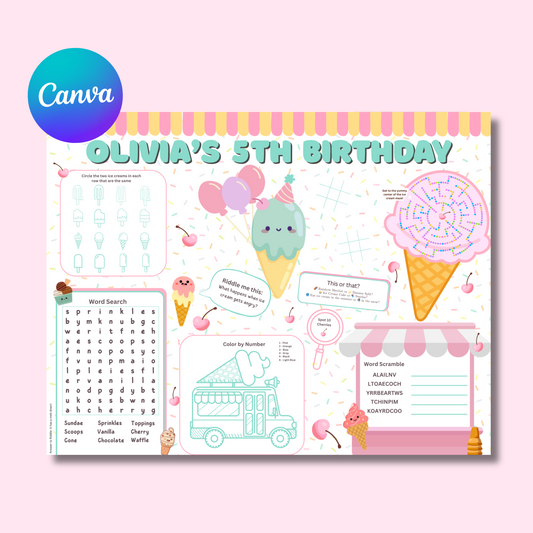 Ice Cream Activity Placemat, Printable Summer Activity Sheet, Ice Cream Party Game for Kids, Digital Download In Color