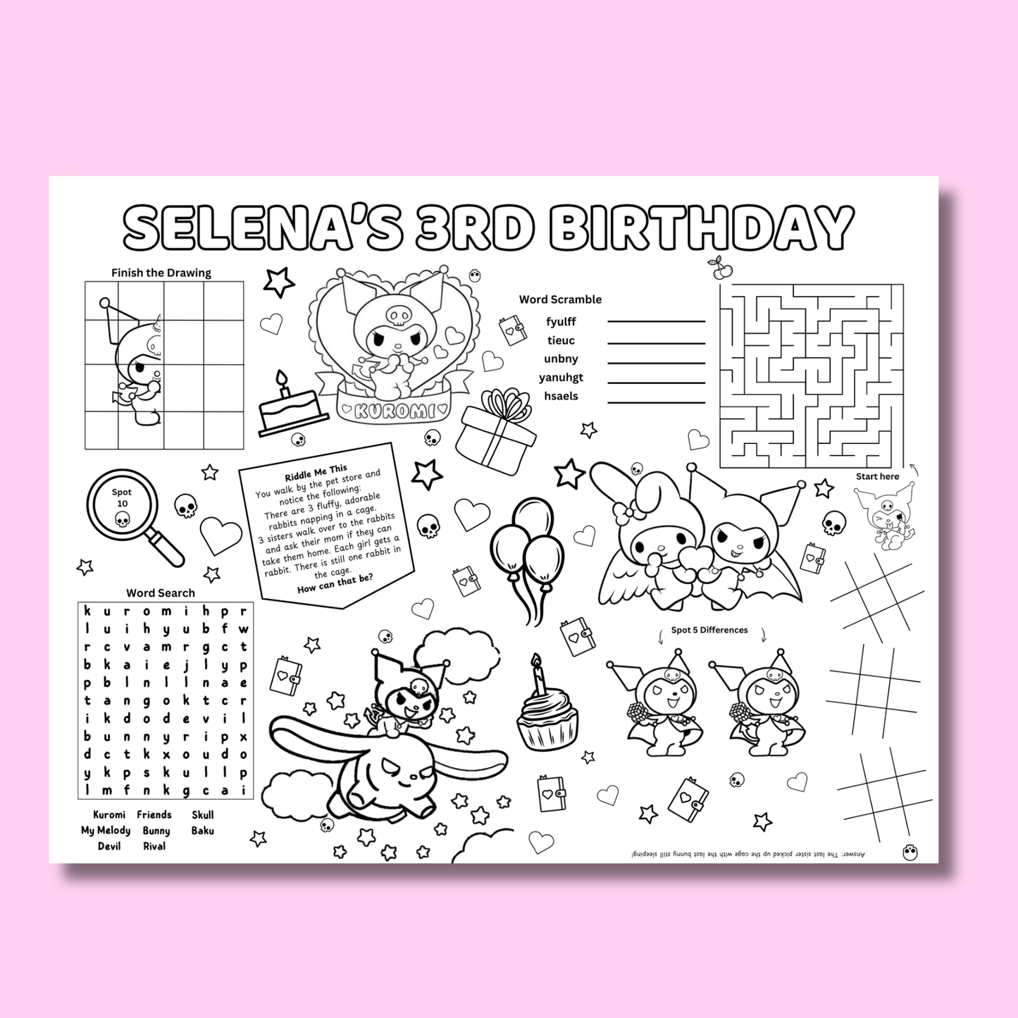 Kuromi Activity Placemat Printable Black & White