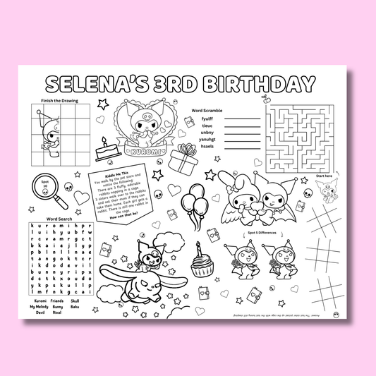 Kuromi Activity Placemat Printable Black & White