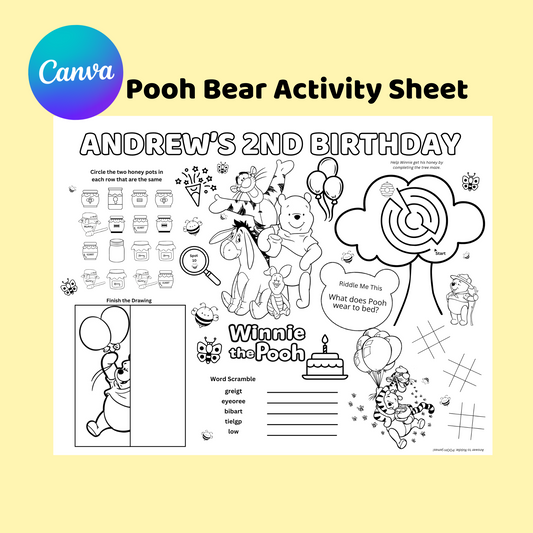 Pooh Bear Editable Activity Placemat, Birthday Activity Page Template