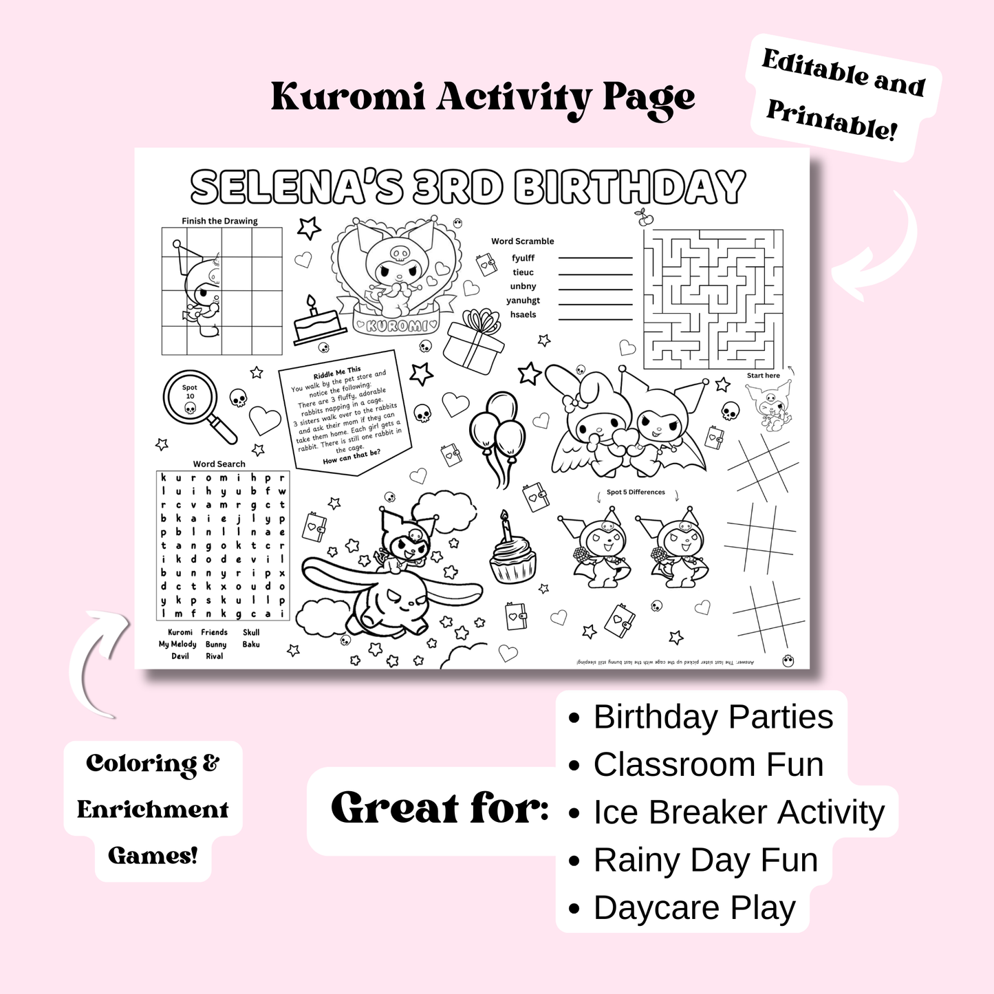 Kuromi Activity Placemat Printable Black & White