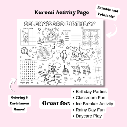 Kuromi Activity Placemat Printable Black & White