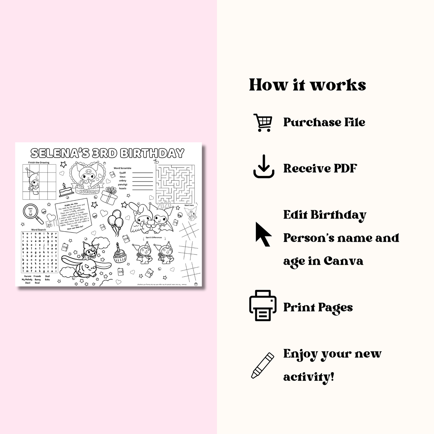 Kuromi Activity Placemat Printable Black & White