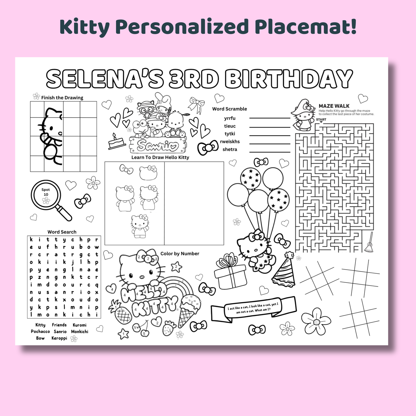Hello Kitty Activity Placemat Printable Black & White