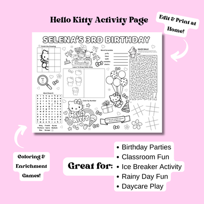 Hello Kitty Activity Placemat Printable Black & White