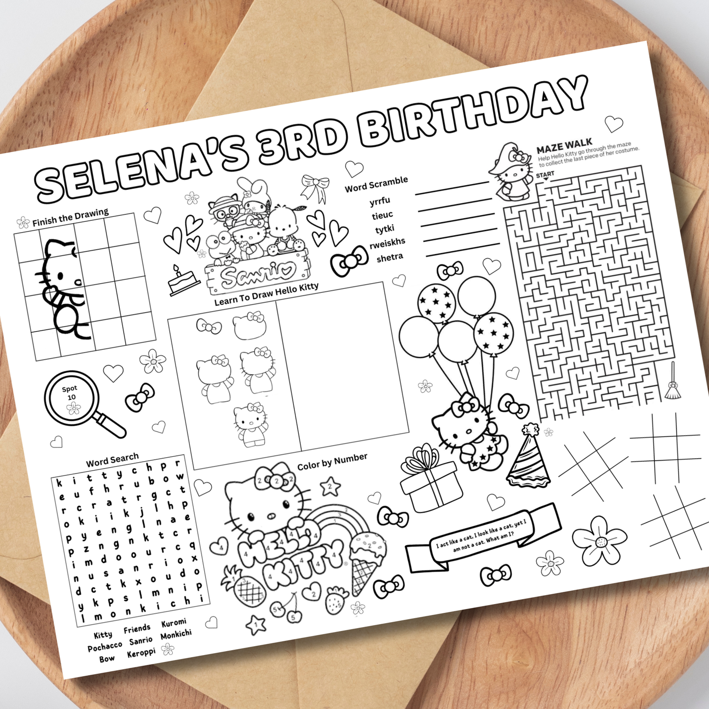 Hello Kitty Activity Placemat Printable Black & White