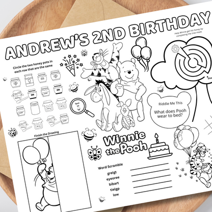 Pooh Bear Editable Activity Placemat, Birthday Activity Page Template