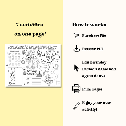 Pooh Bear Editable Activity Placemat, Birthday Activity Page Template
