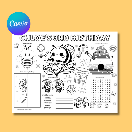 Bee Editable Activity Placemat, Birthday Activity Page Template Black & White