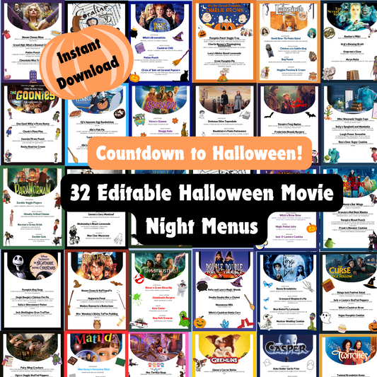 Halloween Dinner and a Movie Night Menus, 30+ Halloween Movie Night Ideas for Family Movie Night, Kid Friendly Editable Menus