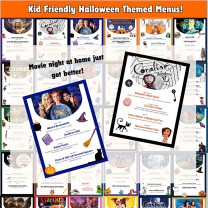Halloween Dinner and a Movie Night Menus, 30+ Halloween Movie Night Ideas for Family Movie Night, Kid Friendly Editable Menus