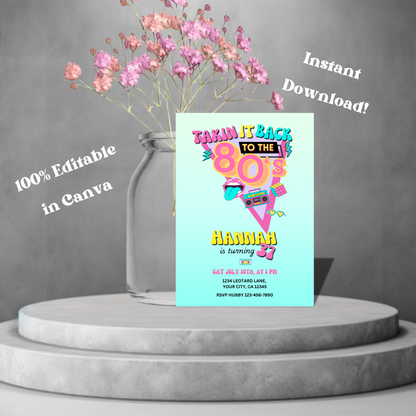 80's Editable Birthday Invite, Retro Disco Dance Birthday Invitation, Throwback Dance Party Invite 5x7