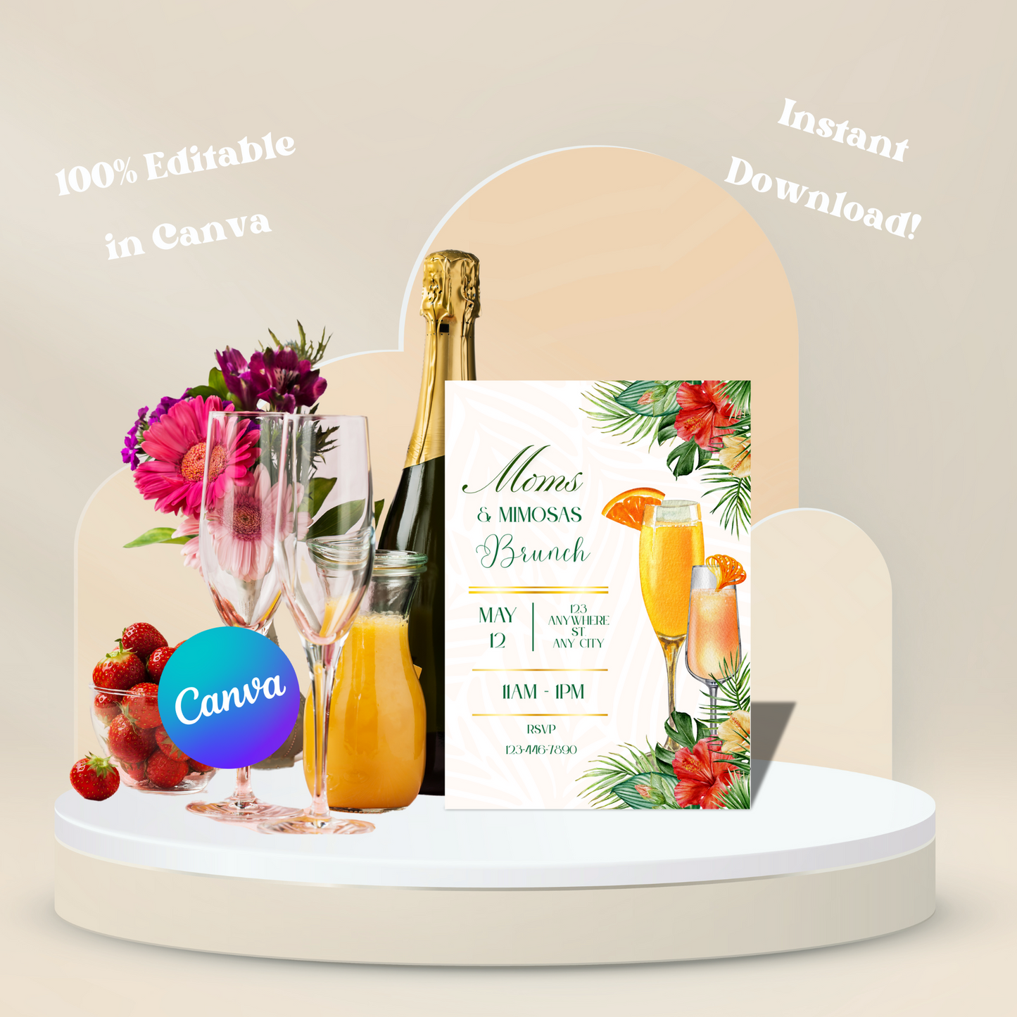 Moms & Mimosas Invite Editable, Mothers Day Celebration Invitation, Mothers Day Brunch Invite, Tropical Mimosa Brunch Party Printable 5x7
