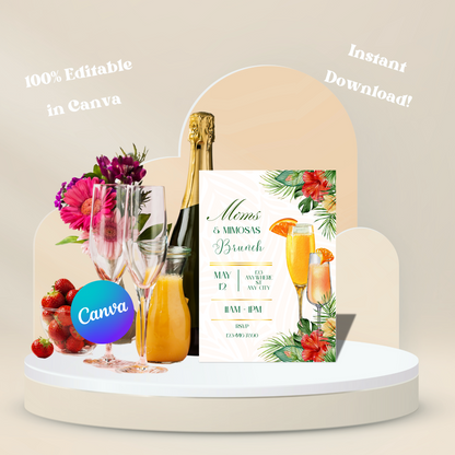 Moms & Mimosas Invite Editable, Mothers Day Celebration Invitation, Mothers Day Brunch Invite, Tropical Mimosa Brunch Party Printable 5x7