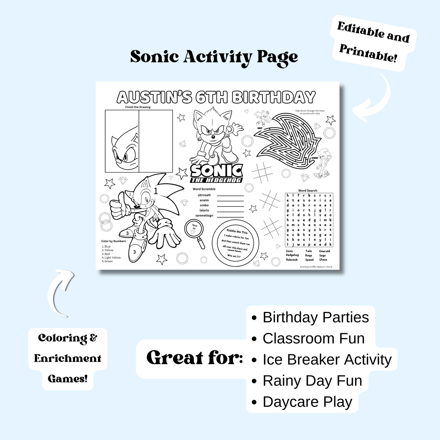 Sonic Editable Activity Placemat Template Black & White