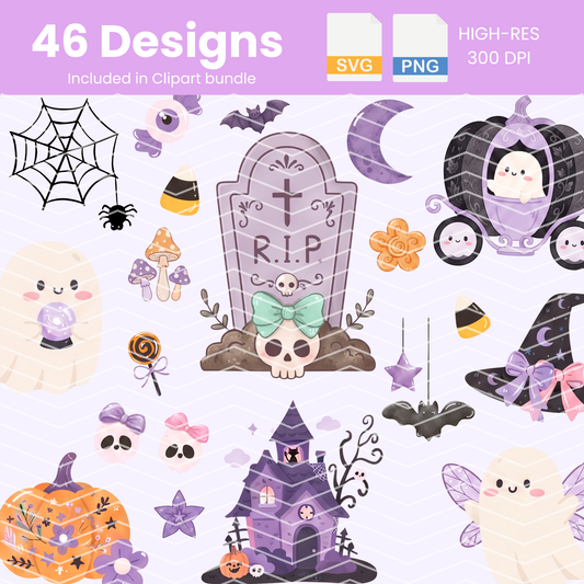 Cute Halloween Clipart Bundle | 46 Pastel Ghost, Kawaii Spooky PNG & SVG Digital Files