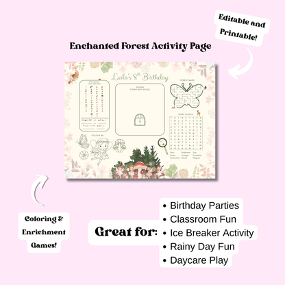 Enchanted Forest Birthday Party Placemat: Woodland Fairy Printable Activity Sheet In Color Instant Download