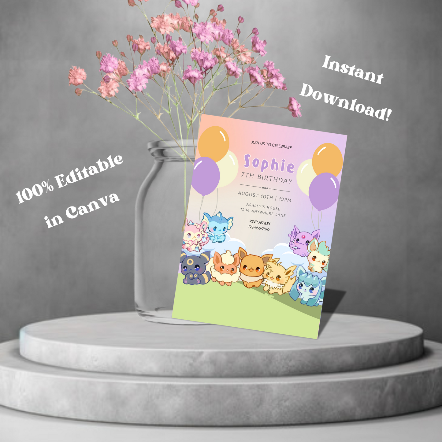 Eevee and Friends Editable Birthday Invite, Birthday Invitation for Boys Girls, Eevee Party Invite, Pokemon Party Invite for Kids 5x7