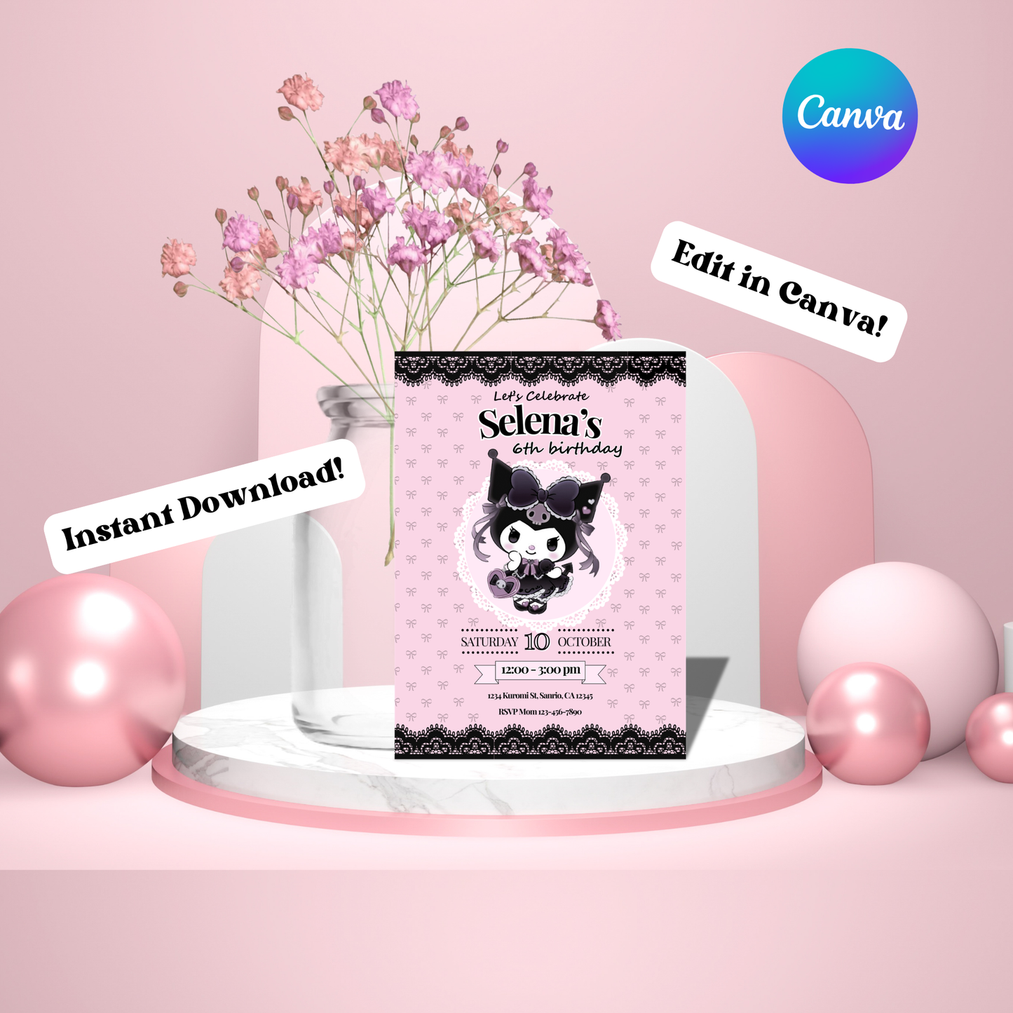 Kuromi Coquette Birthday Invite Editable, Printable Sanrio Invitation 5x7 Instant Download