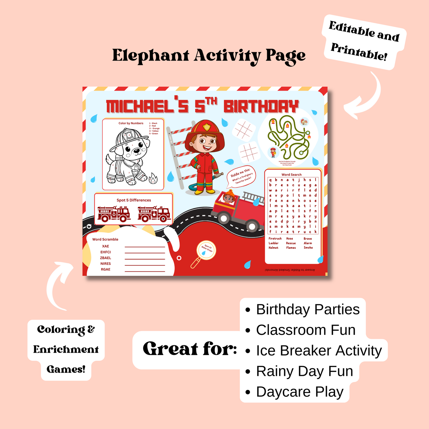 Firefighter Editable Activity Placemat, Kids Firefighter Birthday Activity Page Template in Color