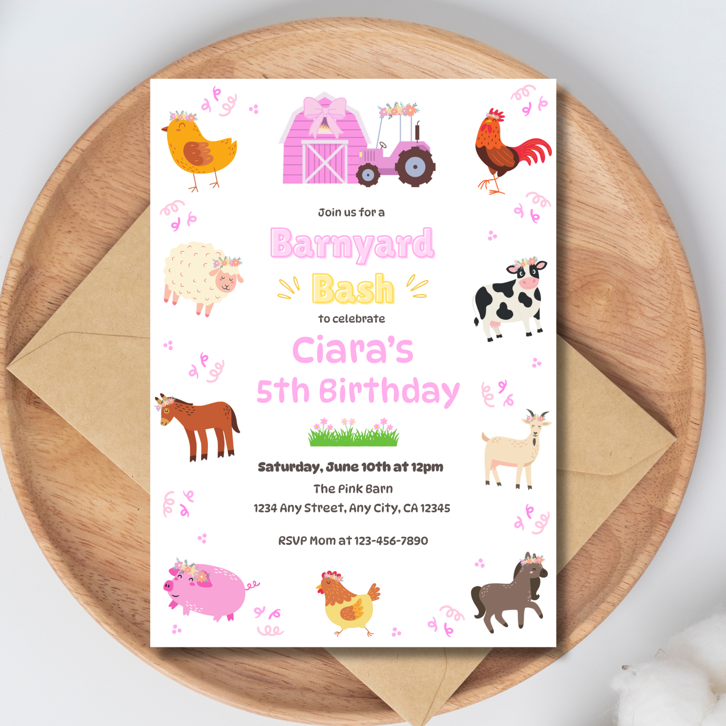 Farm Animals Birthday Invitation: Barnyard Bash Birthday Party Invite, Pastel Farm Animal Themed Invitation (Digital Download 5x7)