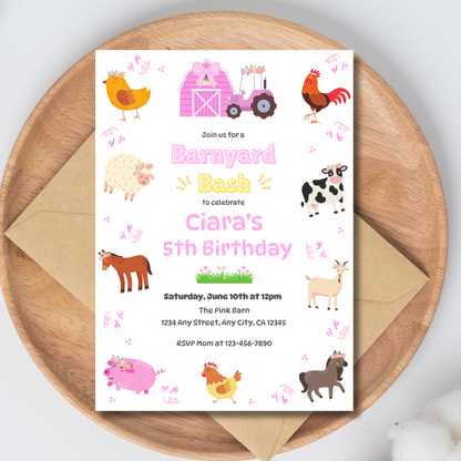 Farm Animals Birthday Invitation: Barnyard Bash Birthday Party Invite, Pastel Farm Animal Themed Invitation (Digital Download 5x7)