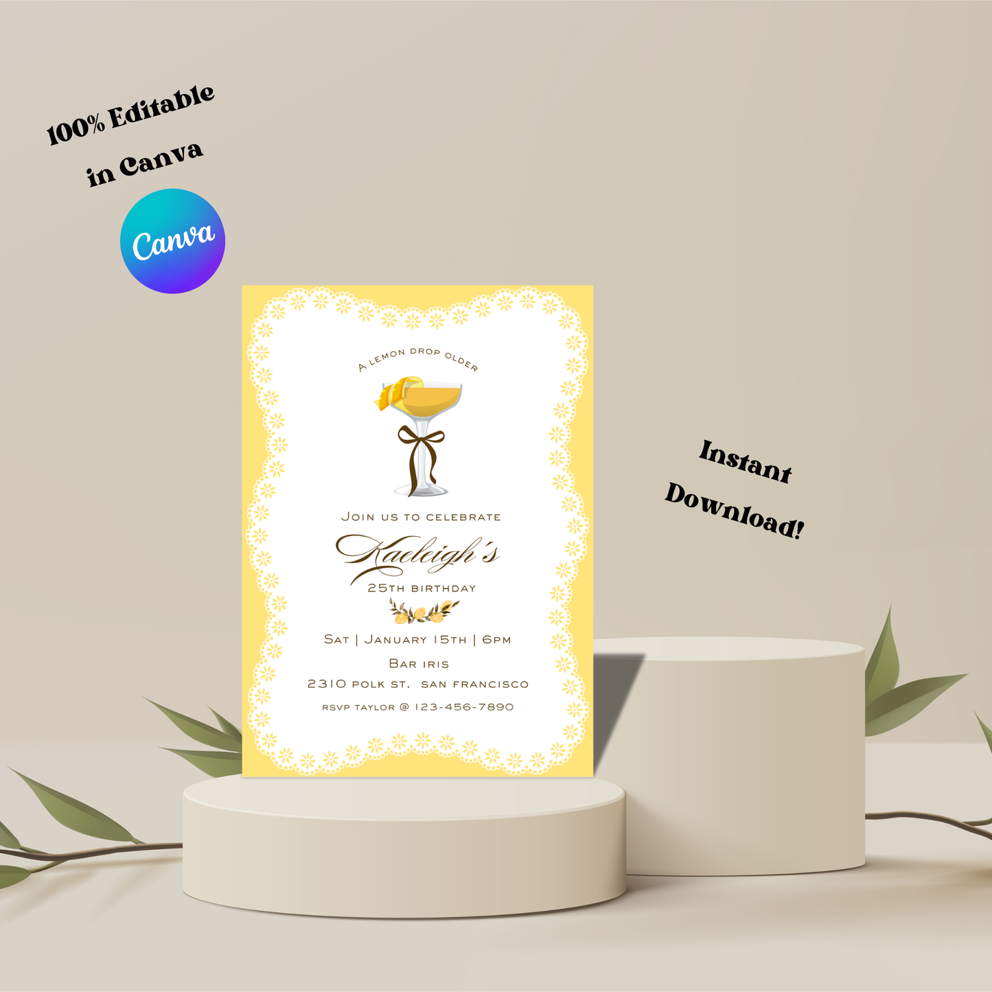 Lace & Lemon Drops Invitation: Editable 5x7 Birthday Invite (Digital Download)