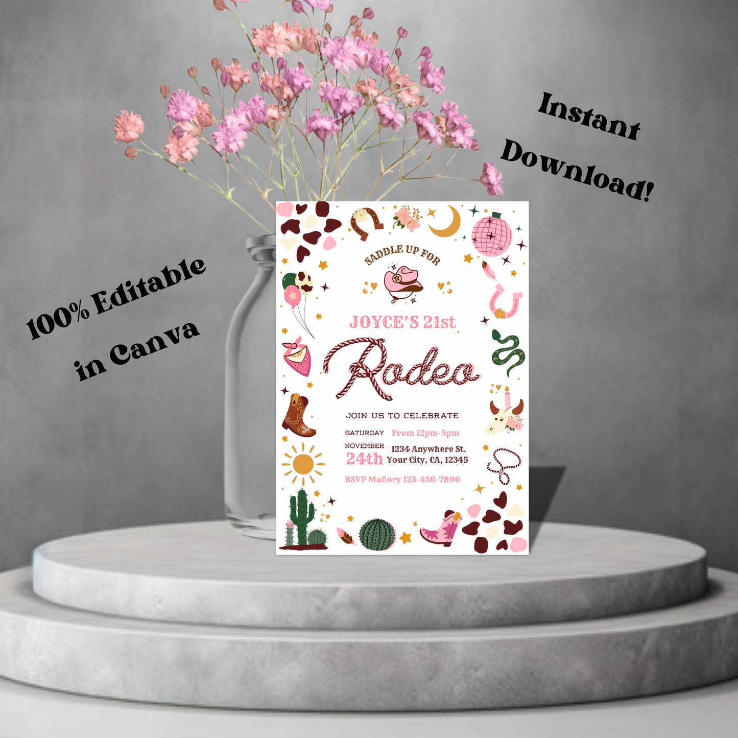 Pink Rodeo Birthday Invitation: Boho Disco Cowgirl Party, Wild Western Themed Invite (Digital Download)