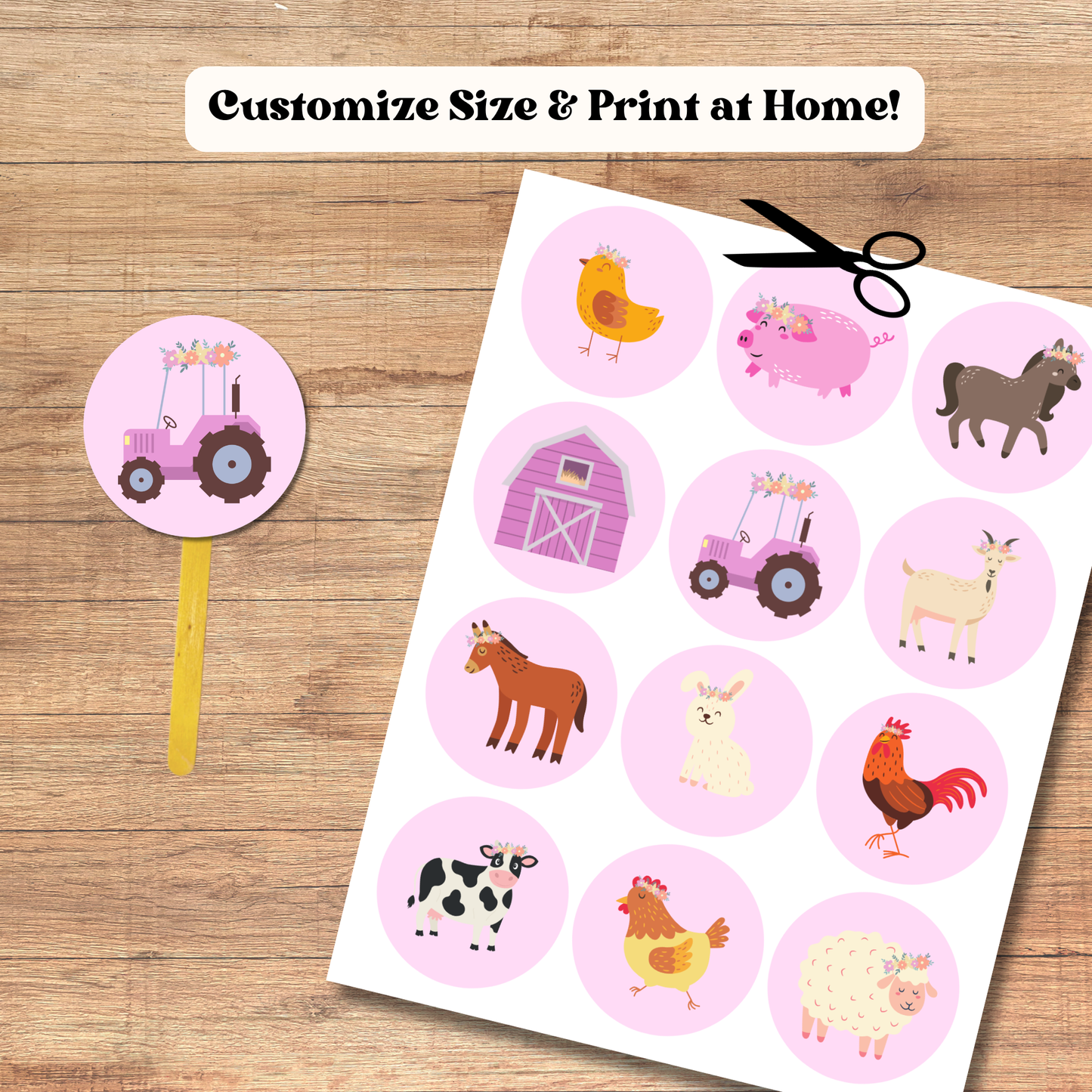 Pink Farm Animals Cupcake Toppers: Barnyard Party Cake Topper Template (Instant Download)