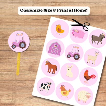 Pink Farm Animals Cupcake Toppers: Barnyard Party Cake Topper Template (Instant Download)