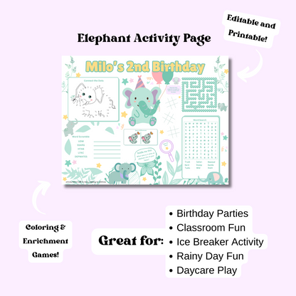 Elephant Editable Activity Placemat, Cute Elephant Birthday Activity Page Template in Color