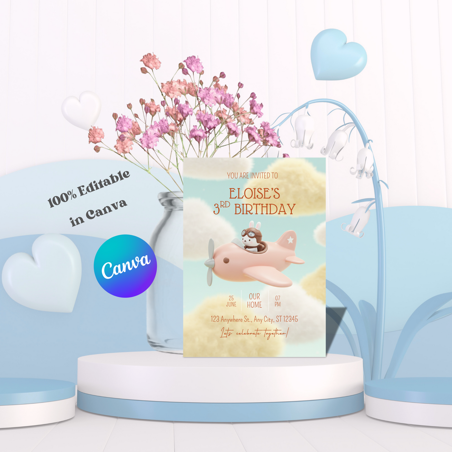 Airplane Kawaii Bunny Pilot Birthday Invitation, Editable Invite, Instant Download 5x7