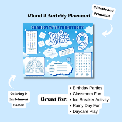 Cloud 9 Birthday Activity Placemat, Editable Cloud 9 Girls Activity Sheet Template, Digital Download In Color