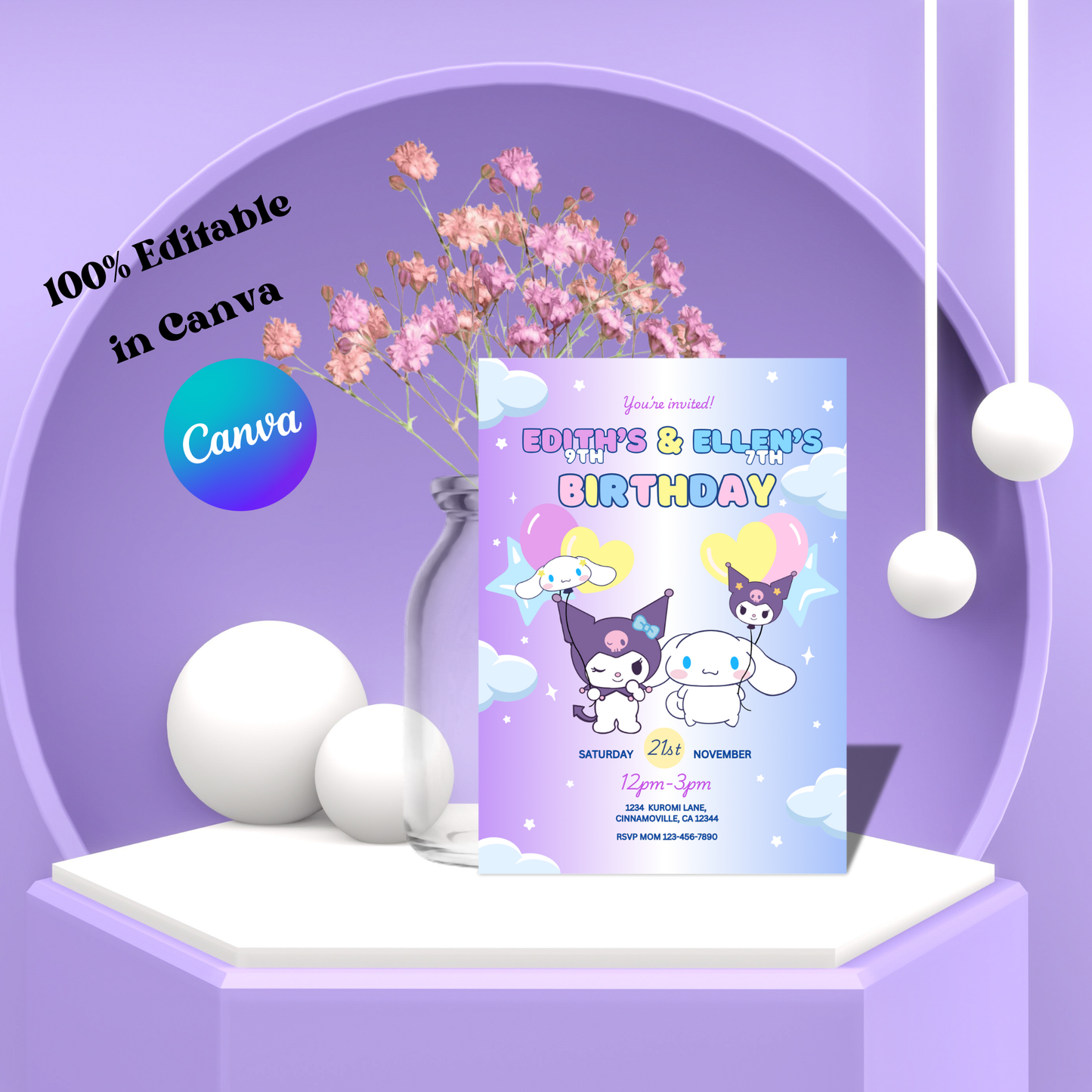Kuromi x Cinnamoroll Birthday Invite Editable, Kawaii Sibling Invitation, 5x7