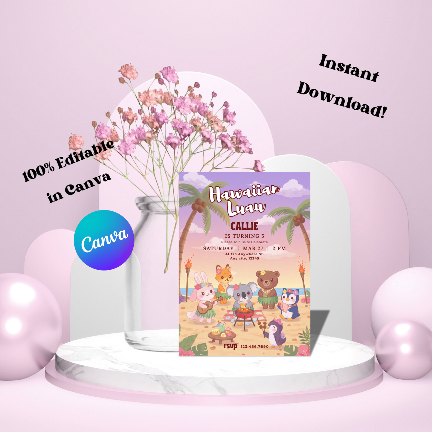 Luau Editable Invitation, Kawaii Animals Birthday Invite, Cute Tropical Animal Party for Kids, Beach Party Invite Template 5x7