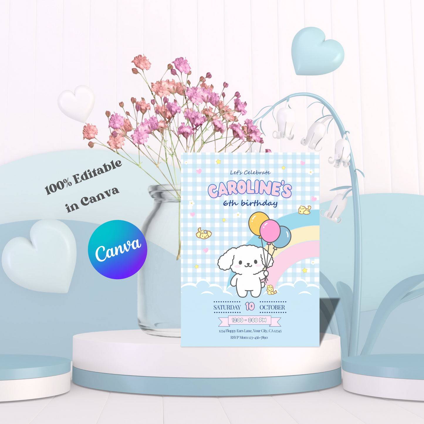 Kawaii Puppy Birthday Invite Editable, Cute Puppy Party Invitation, Party Pup Invite Printable, Blue Gingham Kids Invite 5x7 Hand Drawn