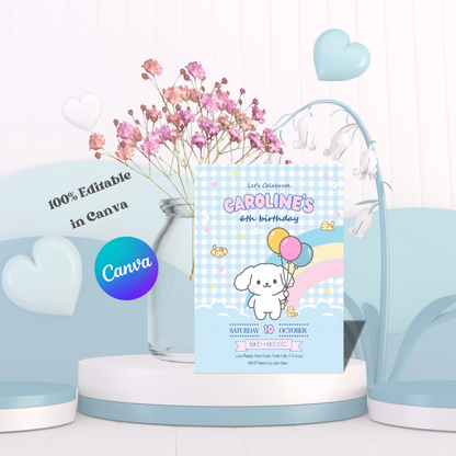 Kawaii Puppy Birthday Invite Editable, Cute Puppy Party Invitation, Party Pup Invite Printable, Blue Gingham Kids Invite 5x7 Hand Drawn