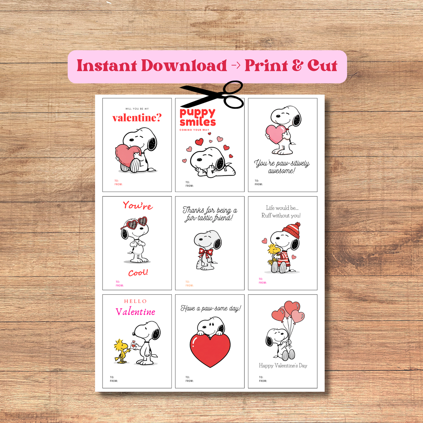 Snoopy Valentine Cards, Printable Classroom Valentines (Instant Download)